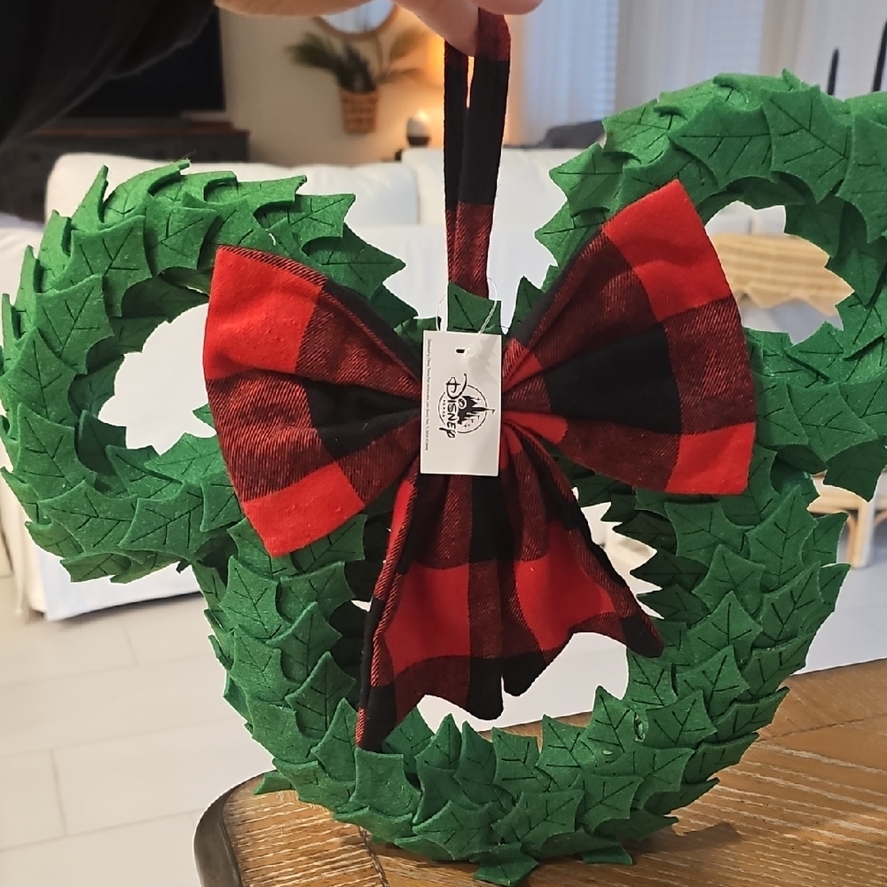 Disney Parks Plaid Bow Wreath with Green Leaves